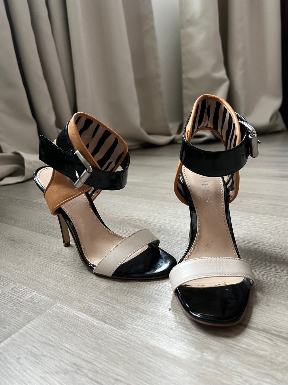 GUESS Twilla Colorblock Strappy Stiletto Sandals Black Ivory Tan Buckle Heel